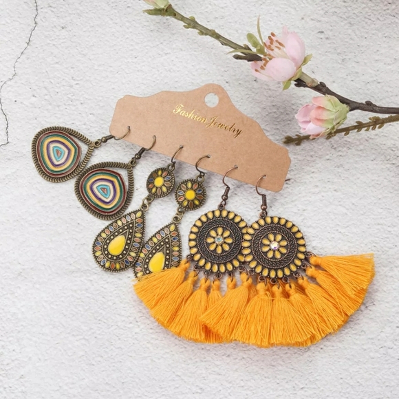 Hand Crafted Jewelry - 3 Pair Set Bohemian Tribal Tassel Dangle E…